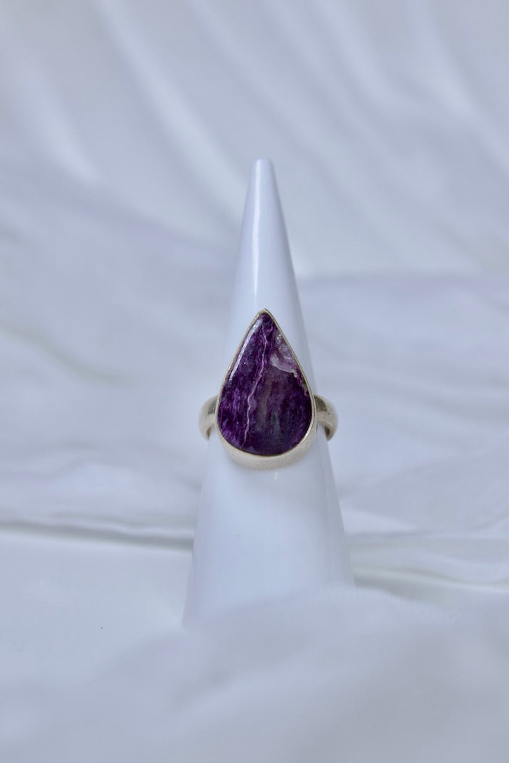 Sterling Silver Charoite Ring (Pear Shape), size 5 | for spiritual growth and transformation