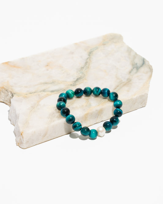 Pearl and Blue Tiger's Eye 10mm Mala Bracelet