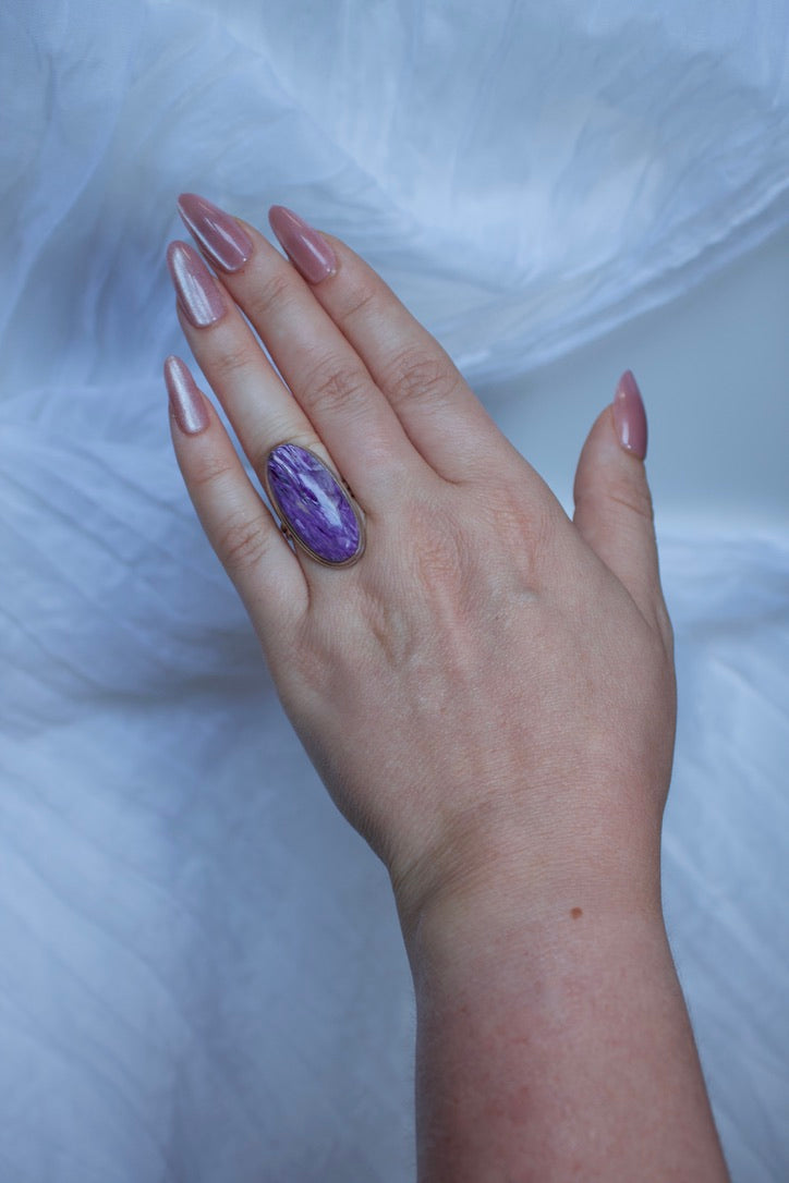 Sterling Silver Charoite Ring (Oval Shape), size 5.25 | for spiritual growth and transformation