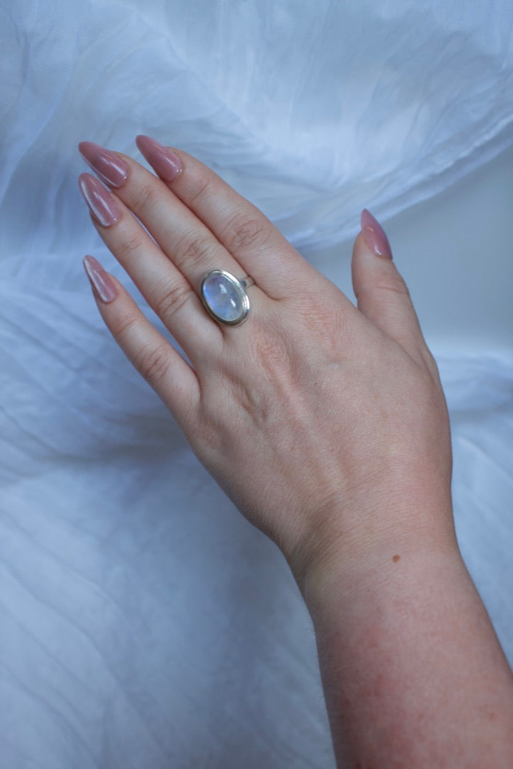 Sterling Silver Moonstone Ring (Oval Shape), size 7.25 | for feminine energy and healing