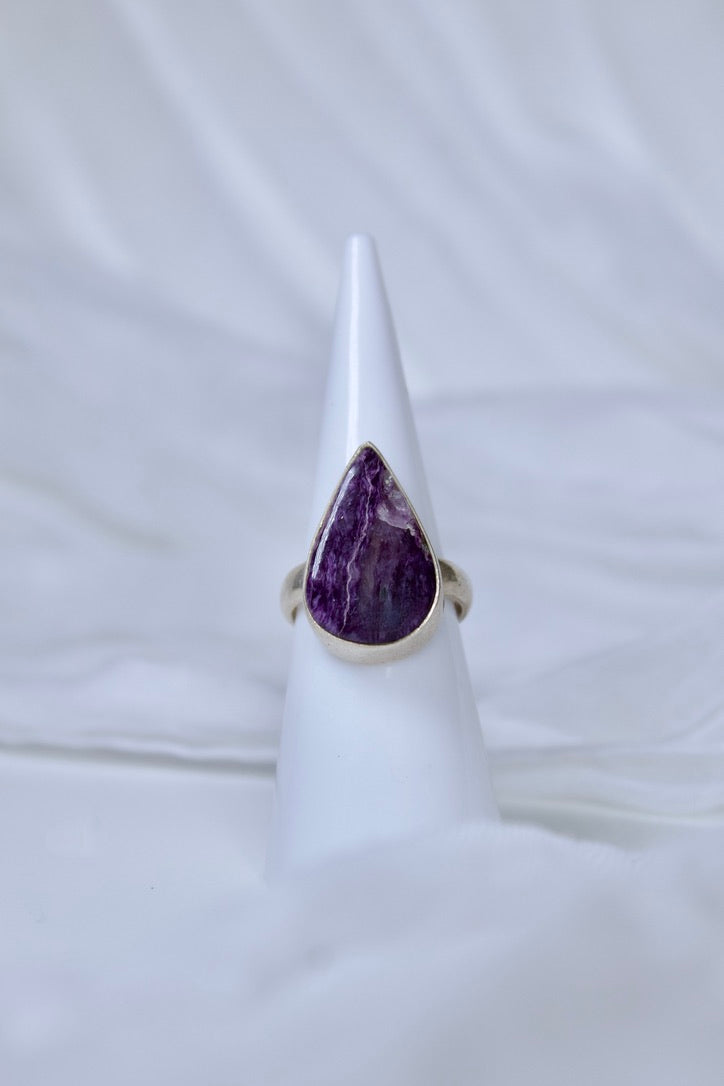 Sterling Silver Charoite Ring (Pear Shape), size 5 | for spiritual growth and transformation