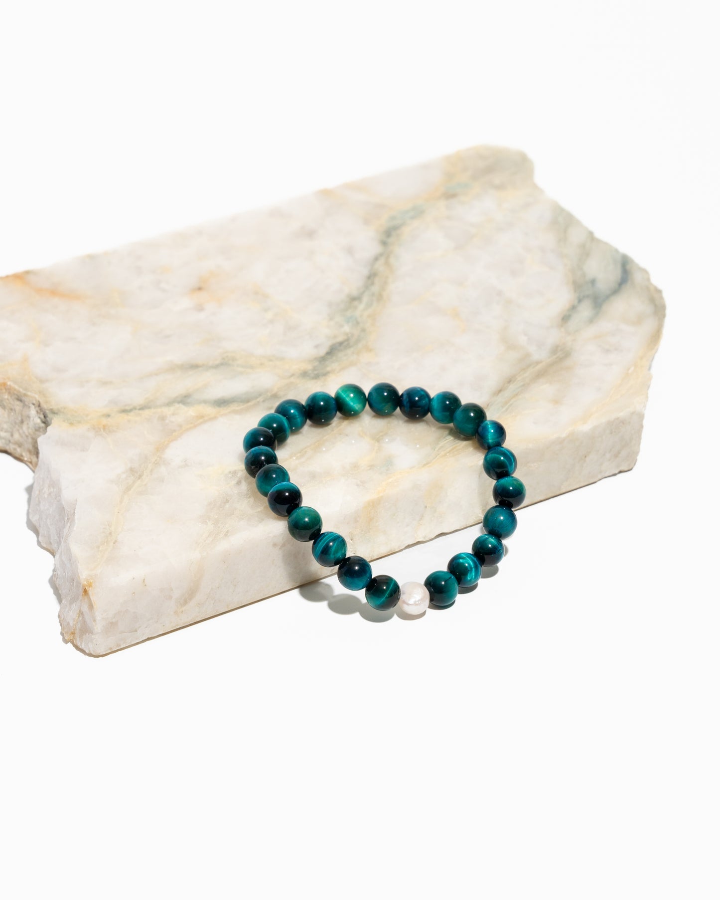 Pearl and Blue Tiger's Eye 8mm Mala Bracelet