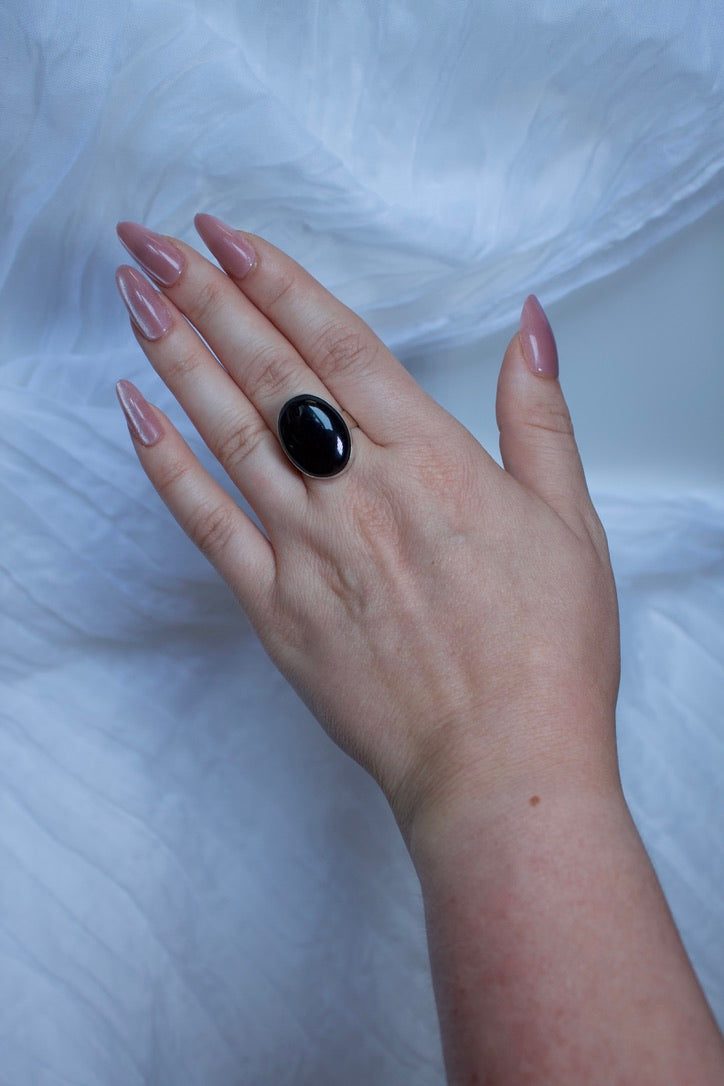 Sterling Silver Onyx Ring (Oval Shape), size 8.25 | for protection, & repelling negative energy