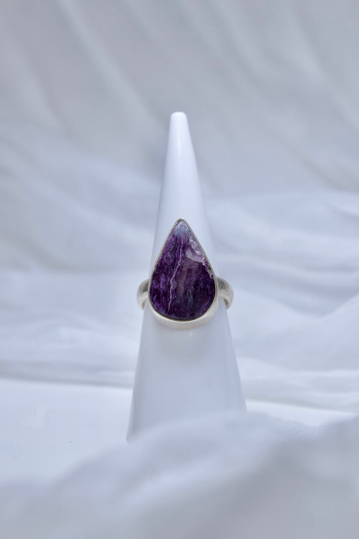 Sterling Silver Charoite Ring (Pear Shape), size 5 | for spiritual growth and transformation