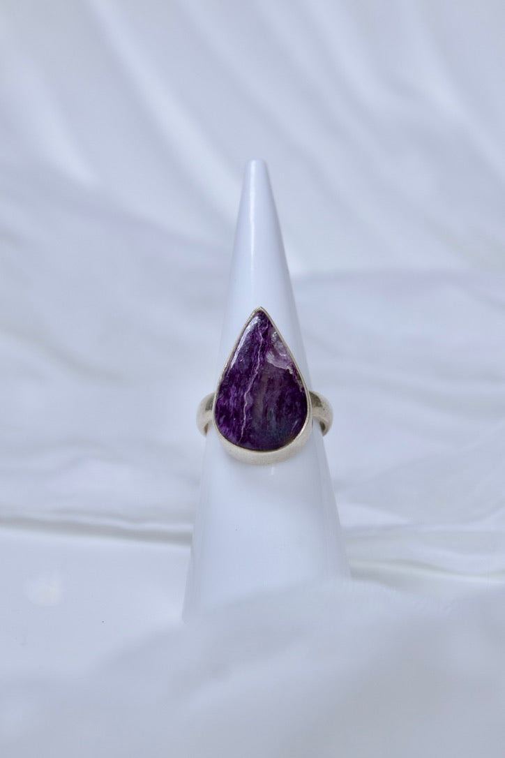 Sterling Silver Charoite Ring (Pear Shape), size 5 | for spiritual growth and transformation