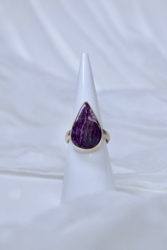 Sterling Silver Charoite Ring (Pear Shape), size 5 | for spiritual growth and transformation