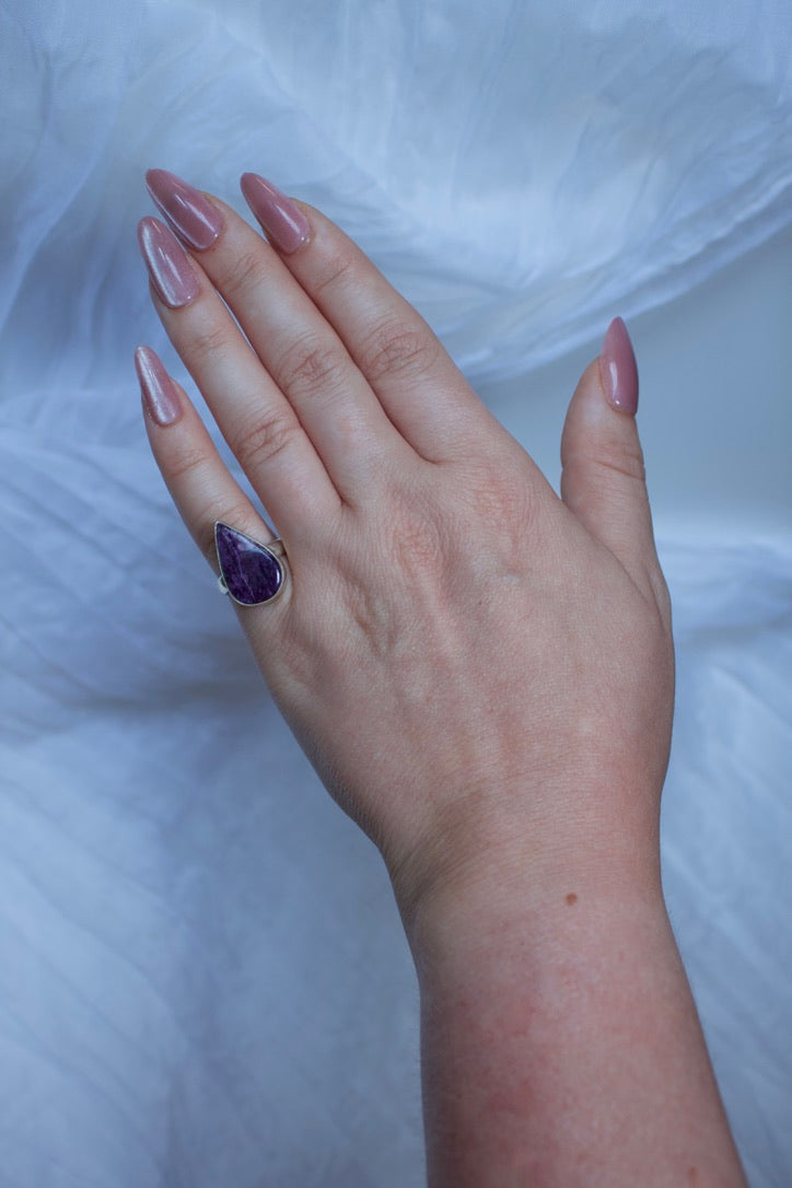 Sterling Silver Charoite Ring (Pear Shape), size 5 | for spiritual growth and transformation
