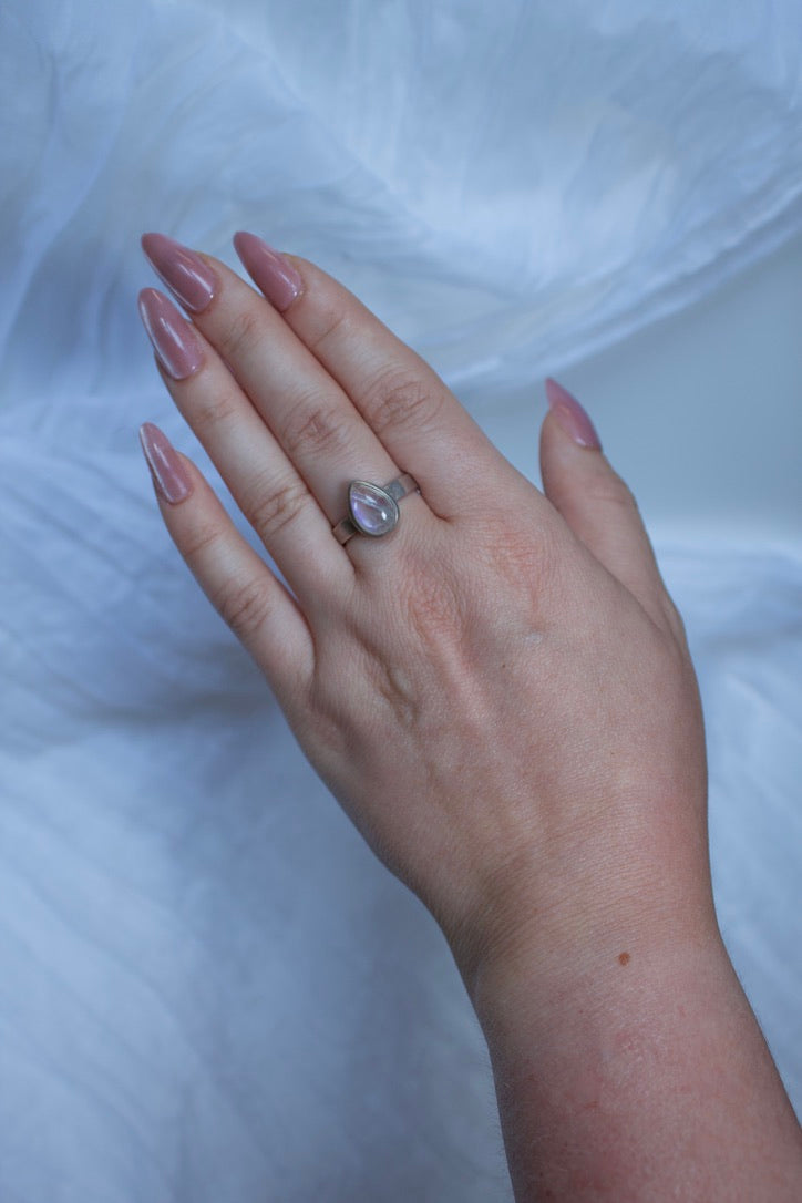 Sterling Silver Moonstone Ring (Pear Shape), size 8.75 | for feminine energy & healing