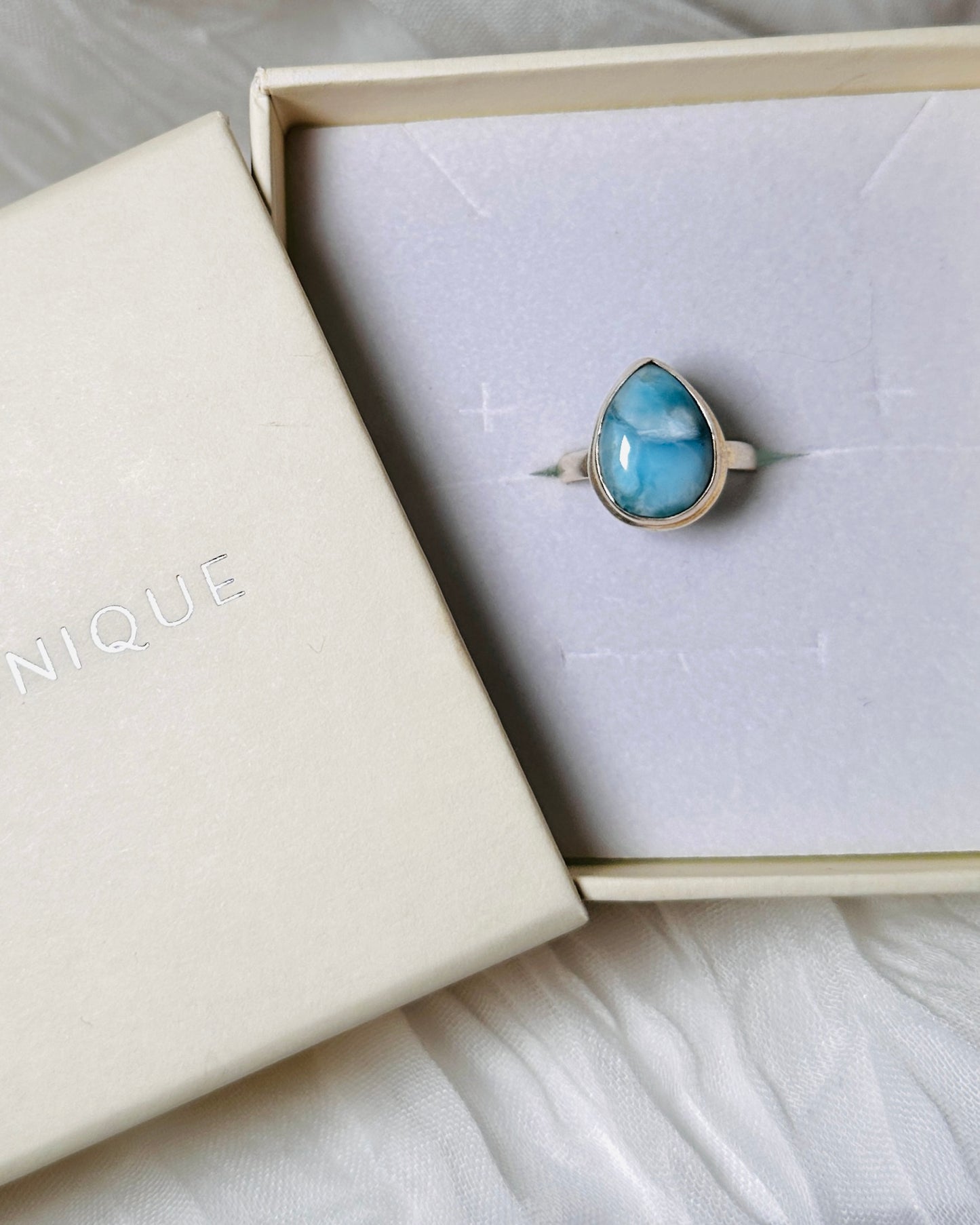 Larimar Ring, Sterling Silver (pear shape), size 9 | for calming & tranquility