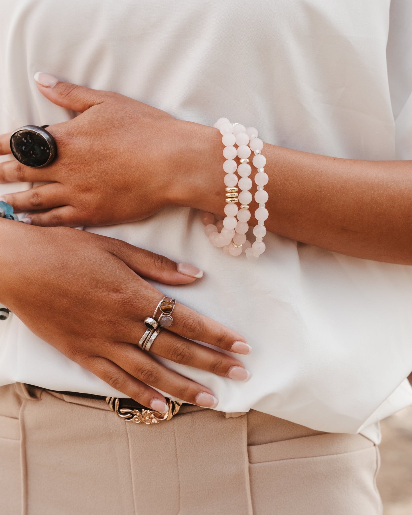 Heart Opener Mala bracelet with Rose Quartz and golden hematite | channel self love, romance, and friendship