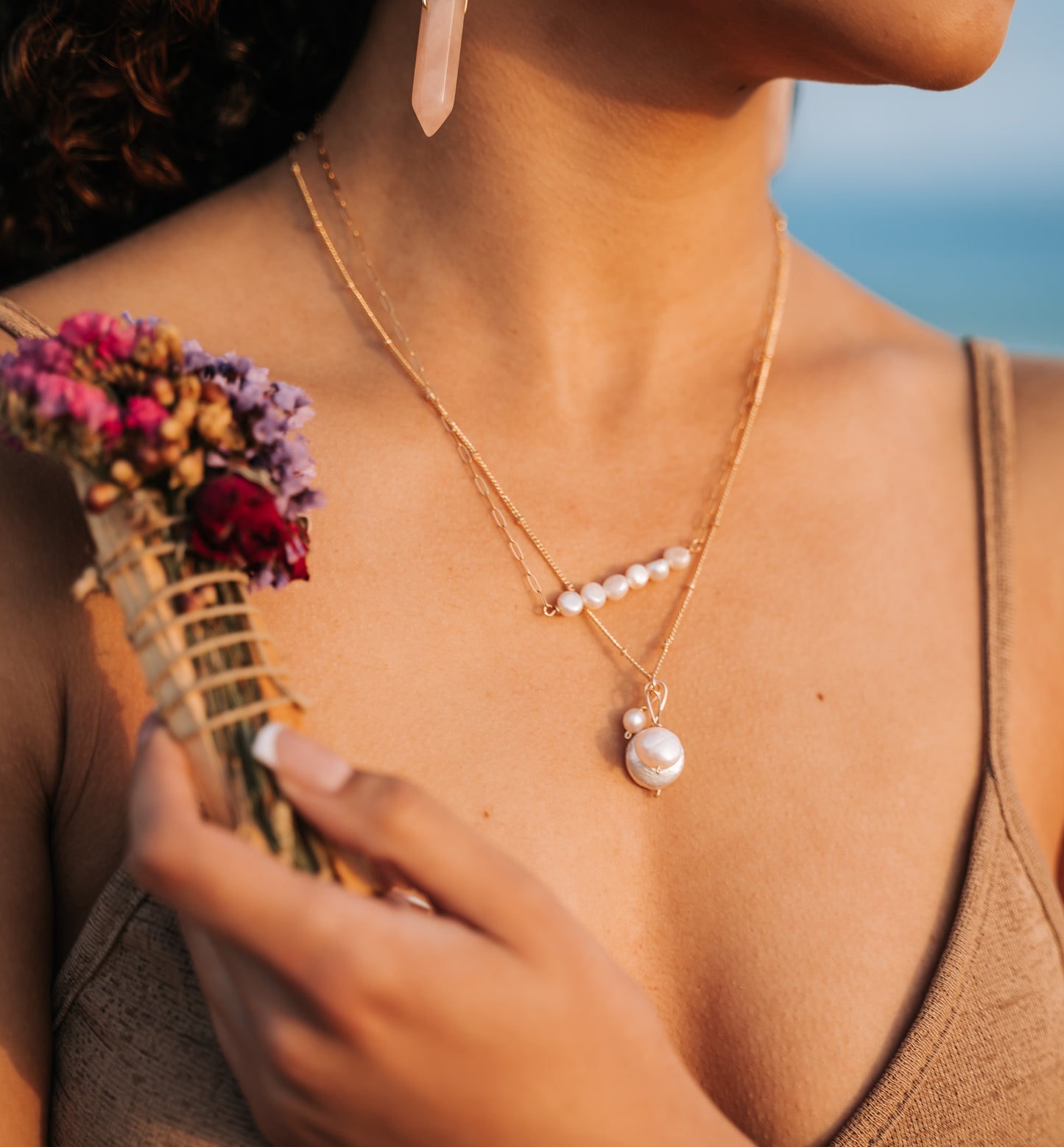 Tranquil Waters Necklace- Waterproof Pearl Bar Necklace in 14K Gold Fill