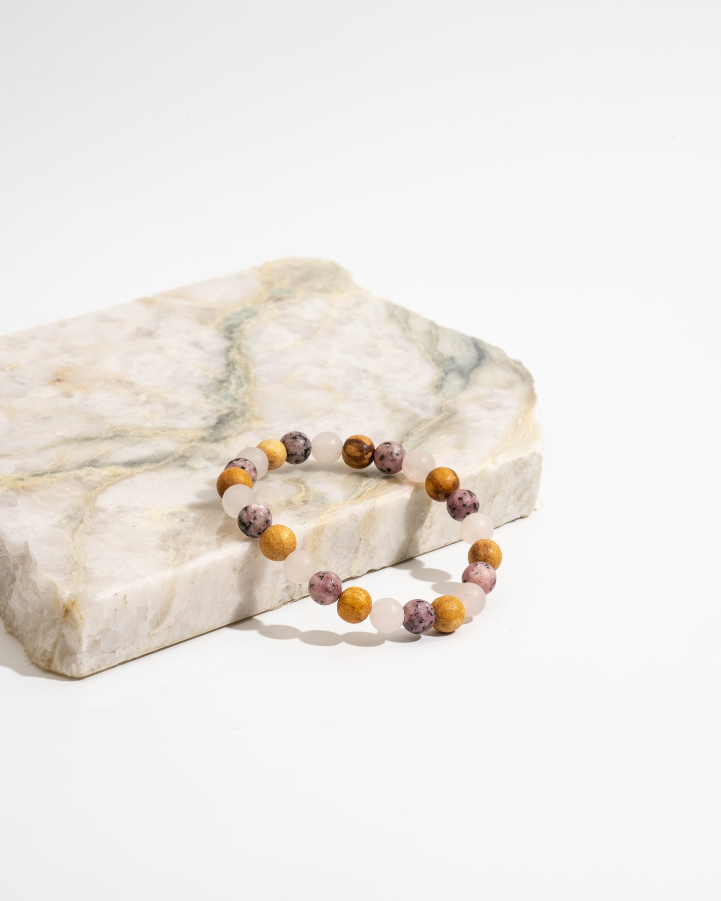 Ethereal Love Mala Bracelet with Rose Quartz, Rhodochrosite, and Palo Santo