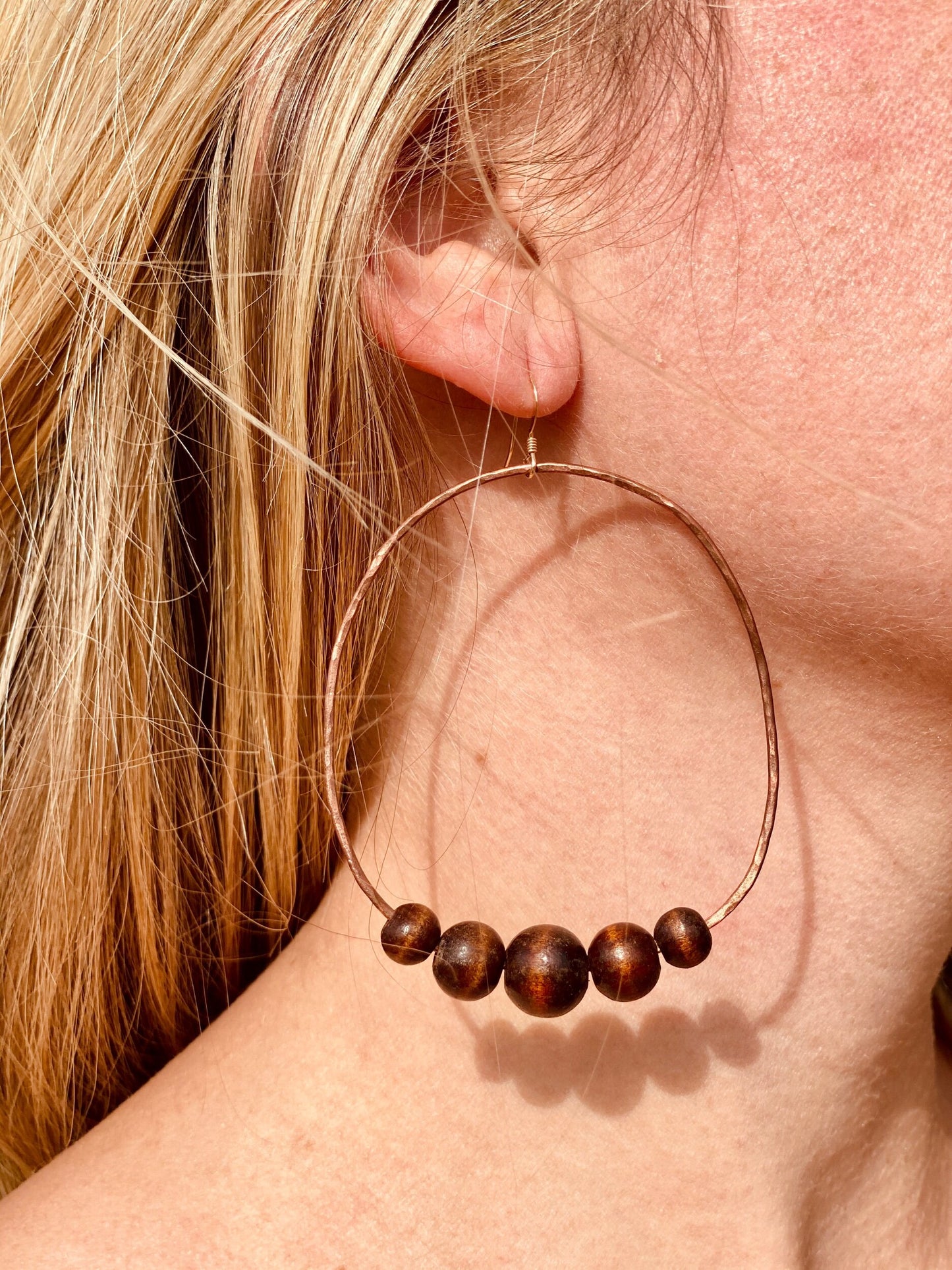 Cradle Hoops, Hand textured and beaded Copper Hoops