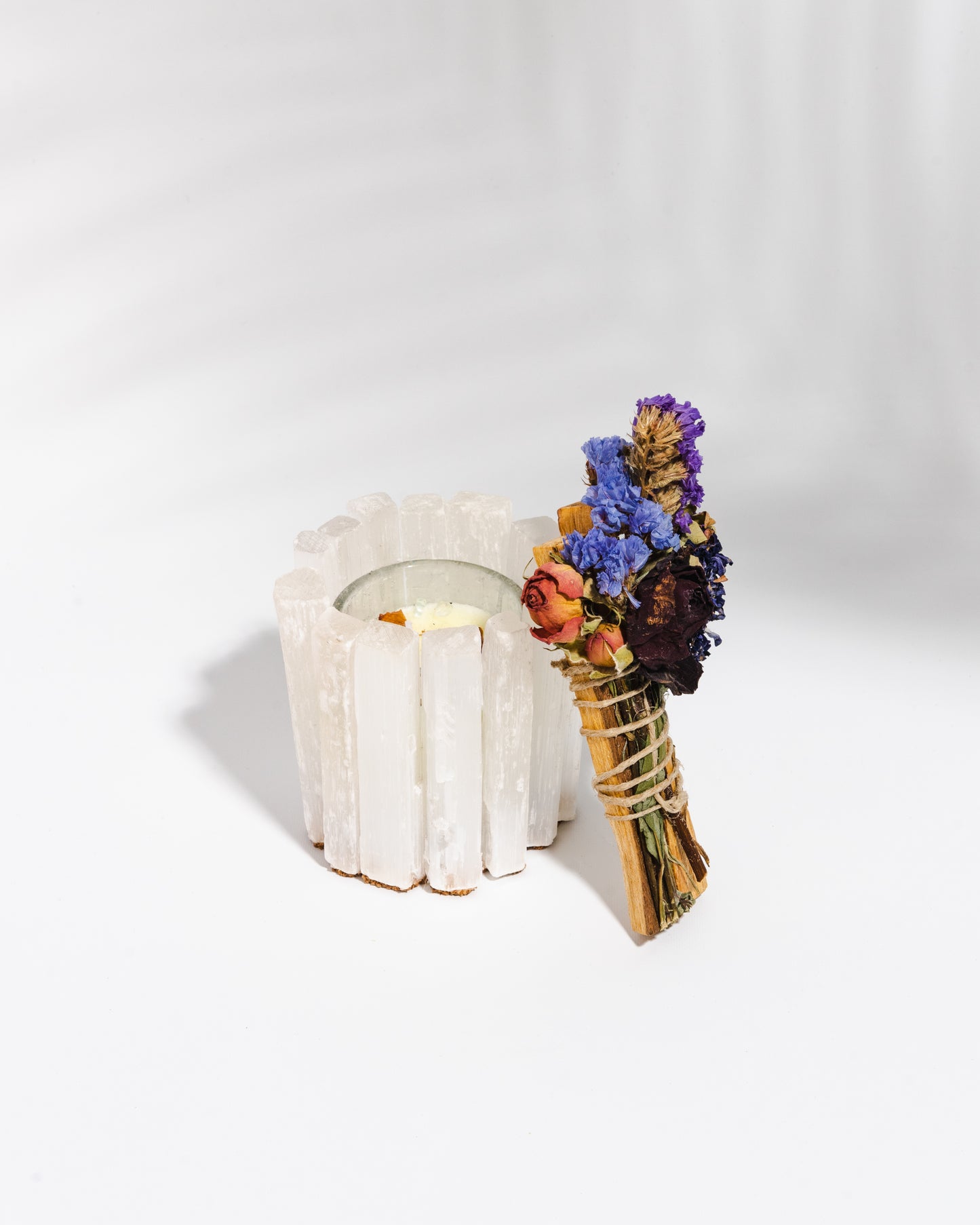 Selenite Candle and Floral Smudge Bundle gift set