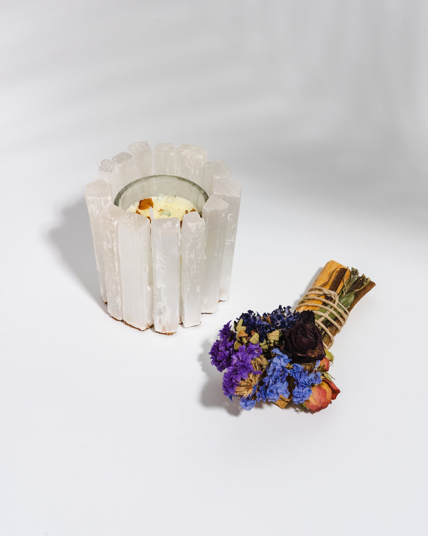Selenite Candle and Floral Smudge Bundle gift set