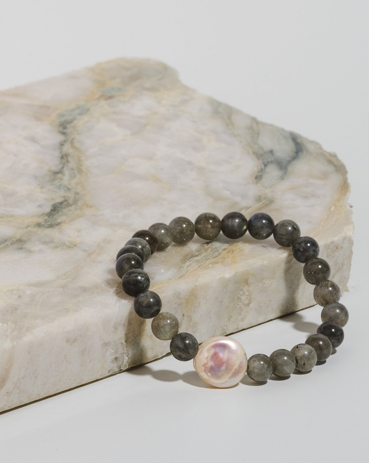 Labradorite and Coin Pearl Mala bracelet