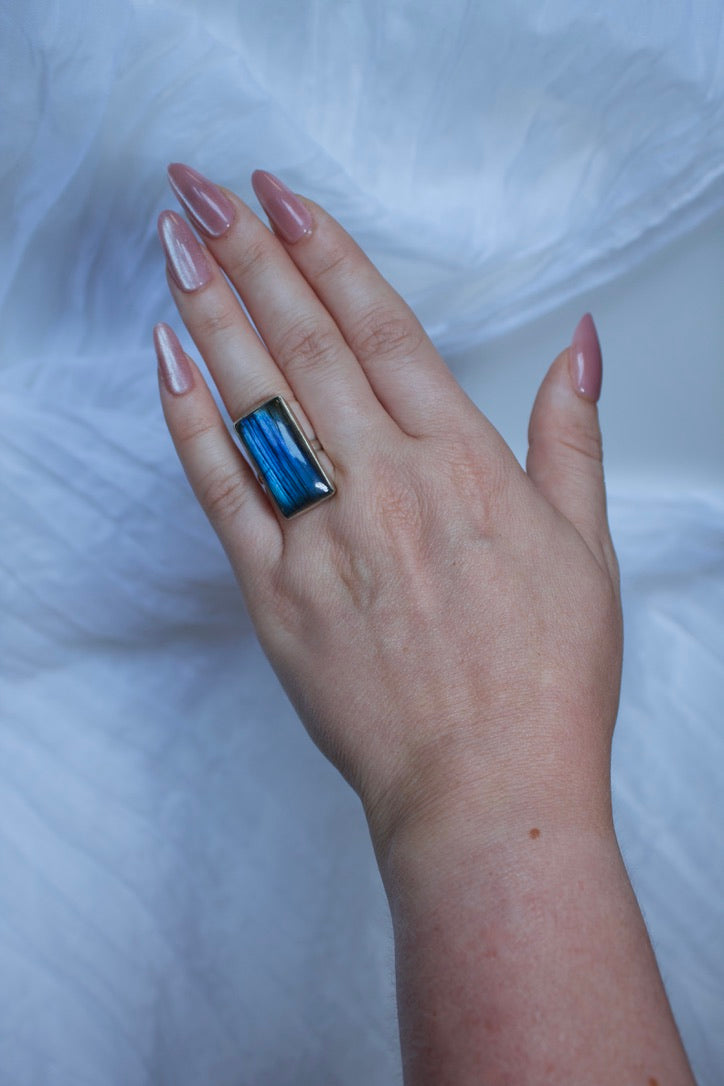 Sterling Silver Labradorite Ring (Rectangle Shape), size 5.5 | for creativity & manifestation