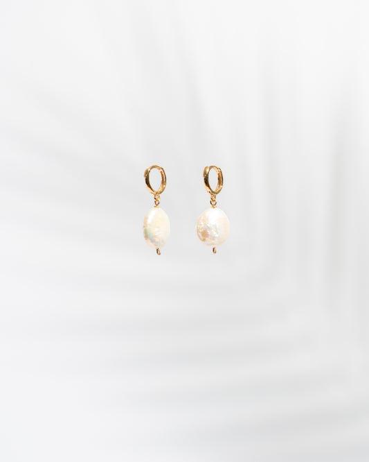 Coin Pearl Huggie Earrings