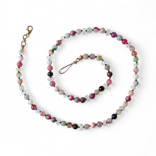 Watermelon Tourmaline & Moonstone beaded necklace | Enhance compassion and awaken spiritual growth
