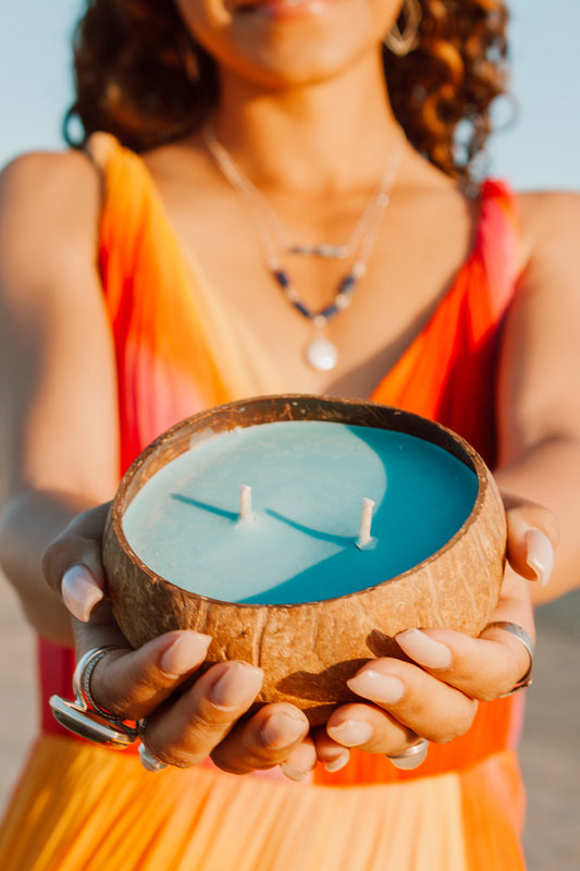 Coco Candle | Calm Waters- hand poured soy and coconut wax candle in a reusable natural coconut shell