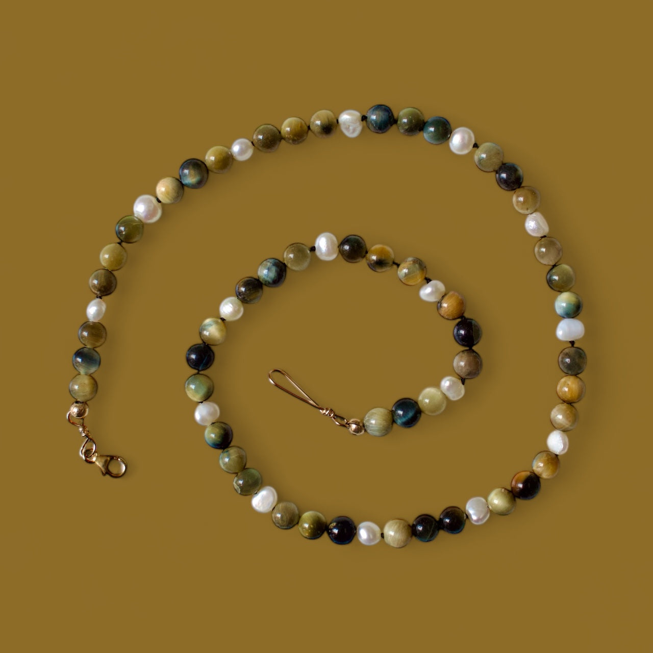 Blue Gold Tigers Eye & Pearl beaded necklace | for grounding and enhanced courage