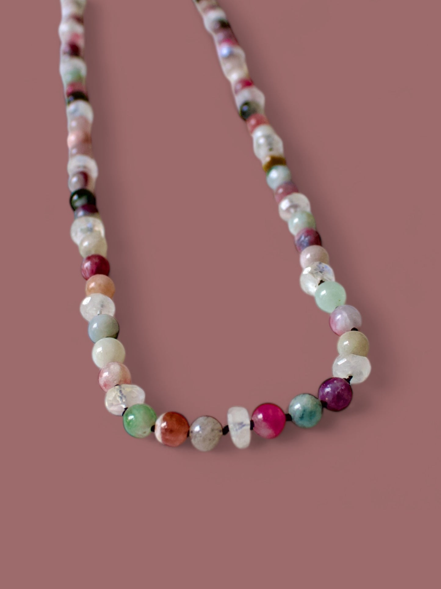 Watermelon Tourmaline & Moonstone beaded necklace | Enhance compassion and awaken spiritual growth