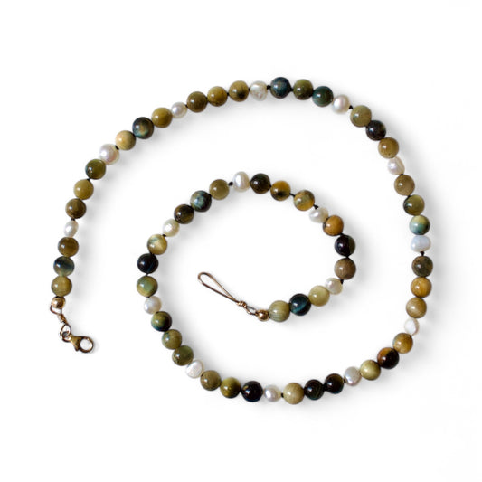 Blue Gold Tigers Eye & Pearl beaded necklace | for grounding and enhanced courage