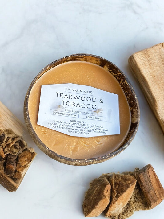Coco Candle | Teakwood & Tobacco- hand poured soy and coconut wax candle in a reusable natural coconut shell
