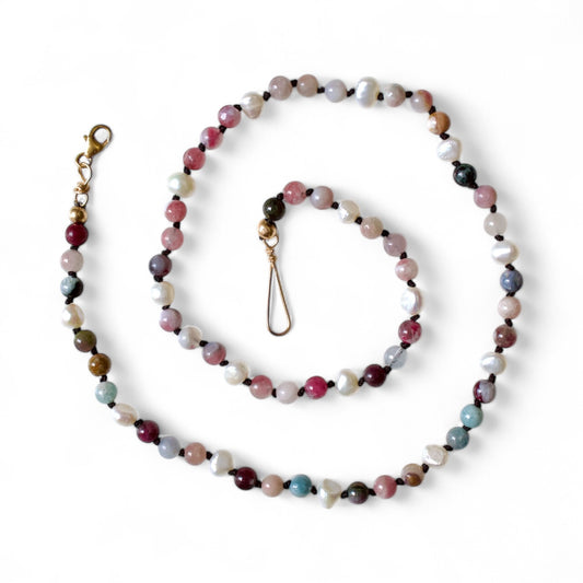Watermelon Tourmaline & Pearl beaded necklace | For enhanced love & compassion