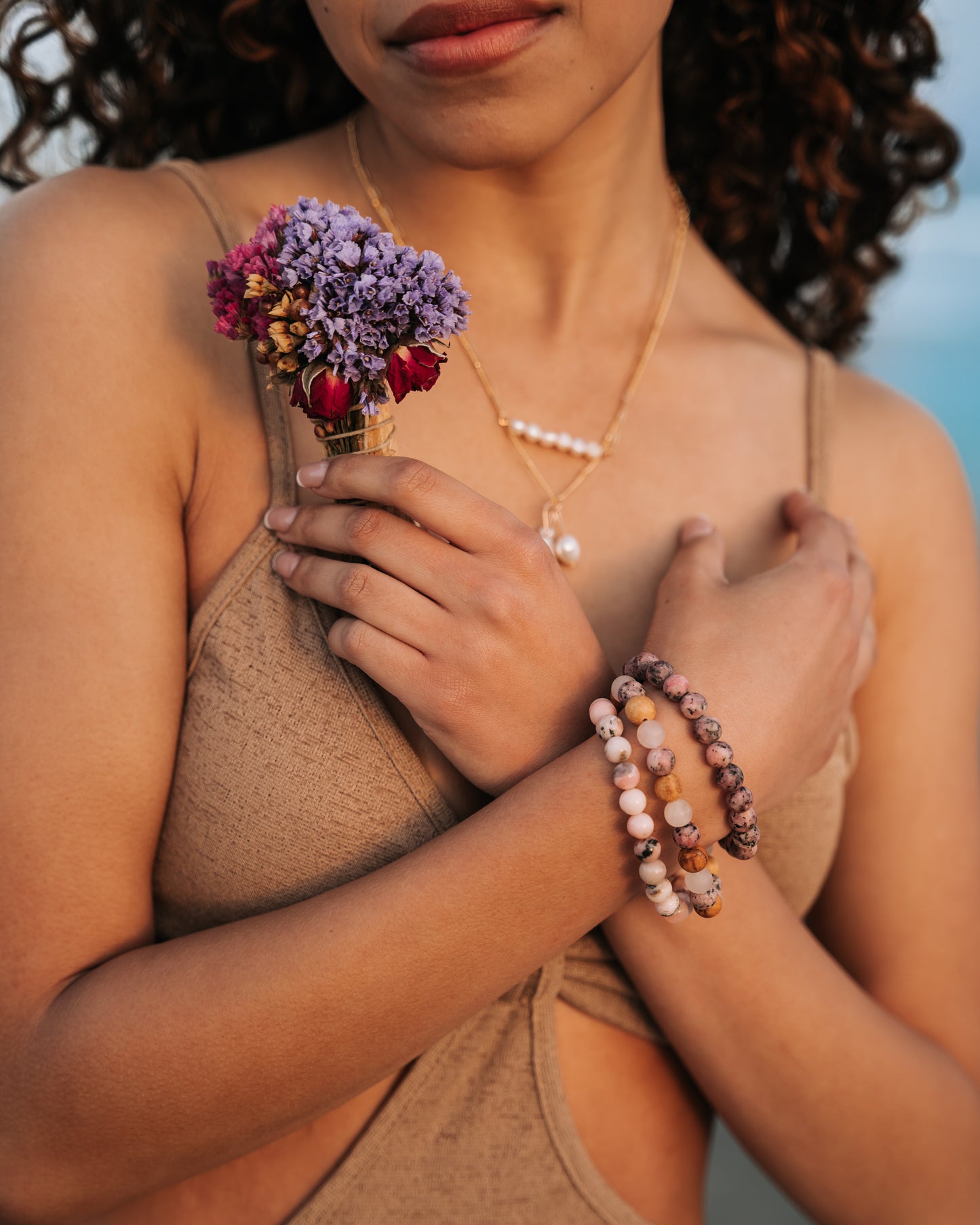 Ethereal Love Mala Bracelet with Rose Quartz, Rhodochrosite, and Palo Santo