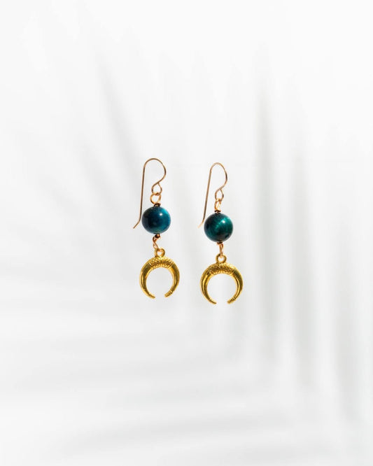 Blue Tigers Eye Moon Earrings