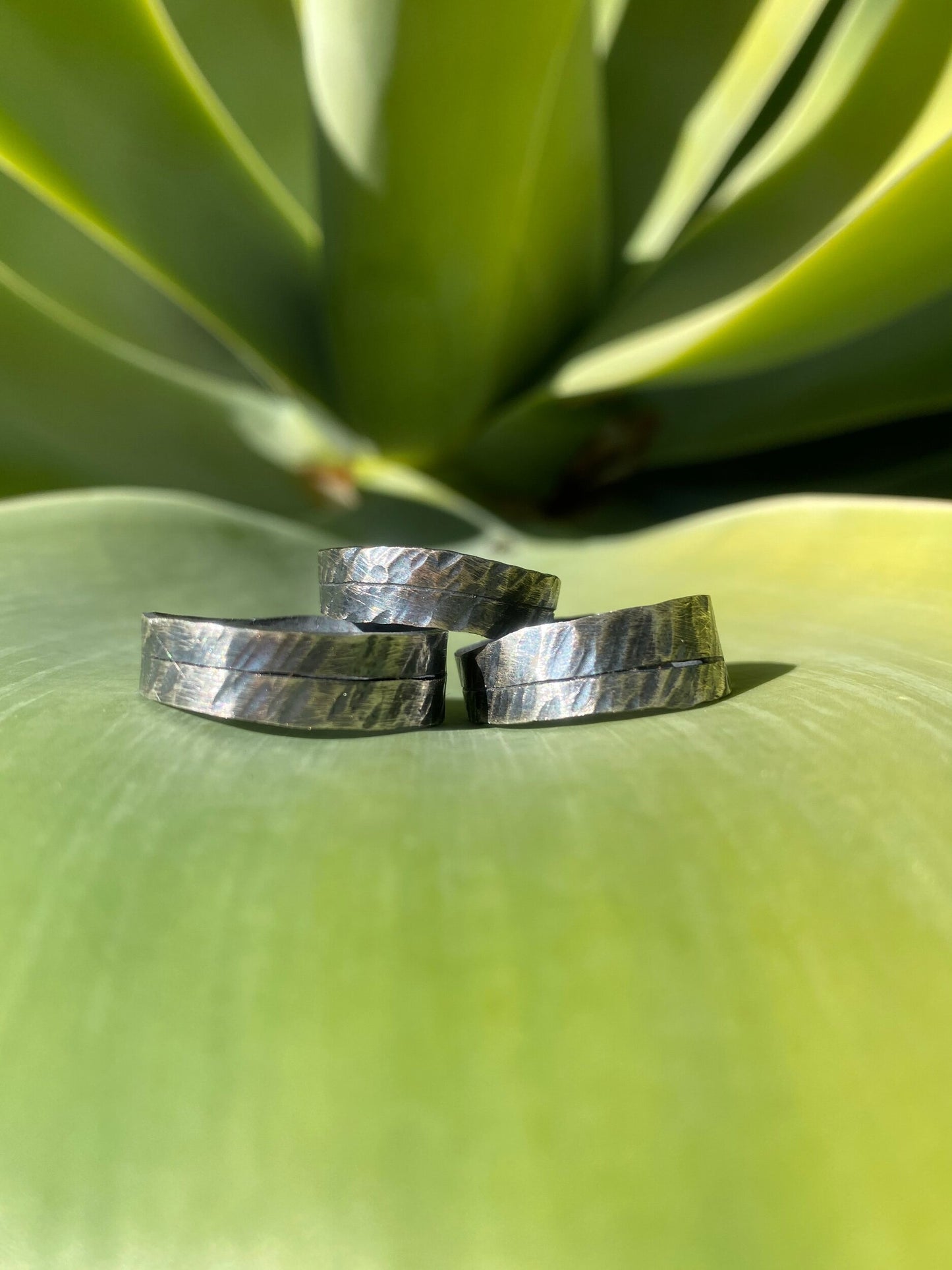 Horizon ring featuring double band with textured patina