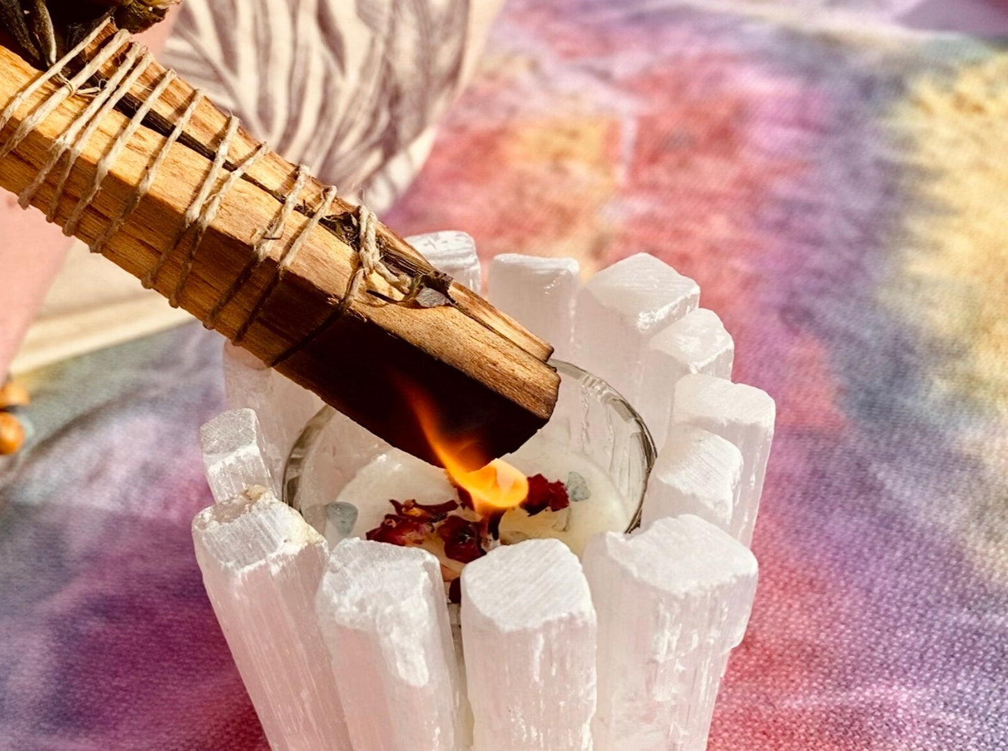 Selenite Candle and Floral Smudge Bundle gift set