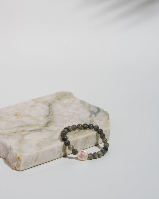 Labradorite and Coin Pearl Mala bracelet