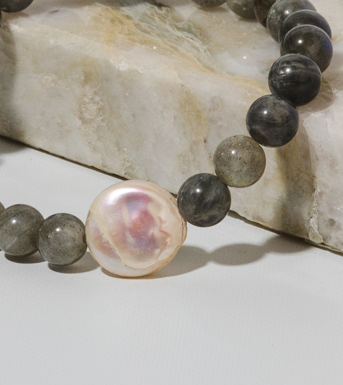 Labradorite and Coin Pearl Mala bracelet